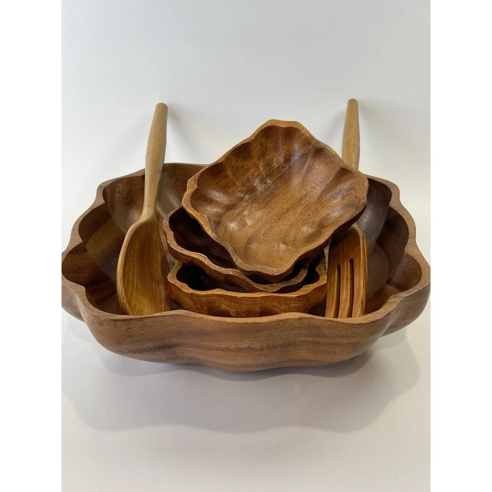 Vintage Monkey Pod Hand Carved Wooden Acacia Salad Bowl Set Serving Utensils